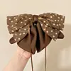 Grampo de Garra para Rabo de Cavalo com Laço de Fita de Cetim com Bolinhas High-End Retro Outono Inverno Novo Grampo para Cabelo Meio Preso na Nuca para Mulheres