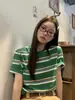 Camiseta de Manga Corta Verde con Rayas y Bloques de Color Estilo Retro Americano, Cuello Redondo, para Mujer, Tendencia Casual Suelta Estilo Coreano Verano 2026