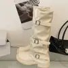 Botas pretas de couro legítimo acima do joelho, botas altas afinadoras para mulheres, com fivela de cinto, perna larga, salto grosso, sola grossa, botas de equitação