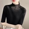 2024 Nuevo Invierno Cuello Alto Medio Estilo Francés Manga Larga Tejido de Punto Slim Camiseta Base para Mujer Tejido de Punto Negro Trbottomy
