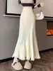 Saia Tricô com Franjas Design para Mulheres Outono e Inverno 2025 Nova Cintura Alta Efeito Emagrecedor Efeito Emagrecedor Saia Sereia Drapê que Molda o Quadril