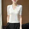 Fuente transfronteriza 26 Estilo otoño camiseta de punto de manga corta con cuello en V para mujer, camiseta básica de punto liso, top de manga corta para damas