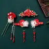 Horquilla Antigua de Año Nuevo para Niños Accesorios para el Cabello de Flor Roja Estilo Chino Festivo para Niña Pequeña Super Hada Tocado con Borla Oscilante