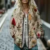 Sudadera de Algodón Acolchada para Mujer Estilo Nuevo 2025 Cuello Alto Floral Retro Rayas Otoño e Invierno Botones Sudadera para Mujer