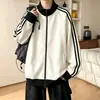 Diseño de marca retro de ajuste holgado y moderno, sudadera de bloques de color estilo americano, chaqueta deportiva de otoño para hombre con cuello alto, cárdigan abierto, a rayas