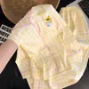 Pijama suave y lindo de niña a cuadros amarillos y blancos con estrellas, algodón nube, talla grande, manga larga, pantalón largo, con cuello, conjunto de dos piezas para casa