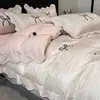 Menina Francesa Laço Algodão Longo Algodão Quatro Peças Conjunto Princesa Bolinhas Bordado Puro Algodão Capa de Edredom Estilo Creme Cama