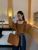 Yuanxi - Coleção de Outono: Tricô simples, versátil, justo, de comprimento curto, com decote U e mangas compridas para mulheres, estilo 26833-5