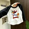 Camiseta Infantil de Manga Longa para Meninas Primavera e Outono 2026 Nova Estampa de Desenho Bloco de Cores Algodão Puro Barra Curva Design Moderno Slim Fit