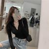 Camisa de cuello en V para mujer, prenda exterior, suéter ajustado negro, primavera 2021, nueva camiseta de manga larga ajustada, base para el cabello