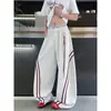 Calça Casual Listrada Retro Americana com Faca Curva Masculina Primavera e Outono High Street Marca Tendência Calça de Moletom Esportiva Vibe Perna Reta Perna Larga