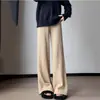 Calça de Malha Canelada Lisa Solta com Botão, Perna Larga para Mulheres, Estilo Outono e Inverno, Cintura Alta, Emagrecimento, Barra Dividida, Comprimento Total, Cintura Elástica