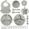 Alimento Complementario Infantil Transfronterizo Vajilla de Silicona Cordón Plato para Cenar Babero Bebé Tazón Complementario Ventosa Tenedor Cuchara Bebé Aprende a Comer