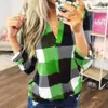 Camiseta de manga larga con cuello en V y estampado a cuadros para mujer, nueva camiseta de comercio exterior europeo y americano WISH para primavera y otoño