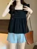 Camisa doce versátil estilo francês com decote quadrado, novo design vintage de verão, top babydoll curto acinturado com mangas bufantes