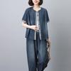 Traje de mezclilla delgado para mamá de mediana edad para mujer 2024 Verano Nuevo talla grande Moda Casual Elegante Reductor de edad Conjunto de dos piezas