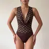 Baifen ClothingTemu Transfronteiriço 2026 Novo Estilo Retro Maduro Bolinhas Decote V Profundo Sem Mangas Macacão