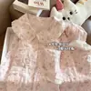 Nuevo cárdigan de manga larga y pantalón largo para primavera y otoño con cuello de muñeca para niñas, conjunto de pijama rosa para niños mayores