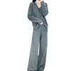 Conjunto Tricotado de Caxemira Novo para Outono e Inverno Feminino, Suéter Espessado com Gola V e Fenda, Calça Larga Solta, Conjunto de Duas Peças de Lã Fashion
