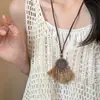 Novo Colar de Pena de Bronze Estilo Zen Chinês para Mulheres Estilo Étnico Boêmio Camada Dupla Empilhada Corrente Longa para Suéter Acessórios