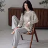 Artículo popular para transmisiones en vivo: Pijama de algodón puro para mujer para otoño e invierno, de manga larga, cuello redondo, sin botones, diseño lindo de dibujos animados, se puede usar afuera, conjunto para estar en casa