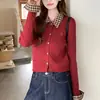 Suéter de punto trenzado patchwork a cuadros estilo coreano para mujer, nuevo top corto estilo universitario de otoño e invierno con cuello Polo
