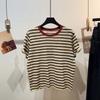 Estilo Retro Bloque de Color Rayas Cuello Redondo Manga Corta Mujer 2026 Casual Base Manga Corta Moderno Juvenil Top para Mujer