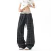 Pantalones casuales estilo americano con doble pretina y costuras a cuadros, unisex, nueva colección de otoño 2026, holgados y casuales para pasear