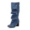 Botas transfronterizas europeas y americanas para mujer de talla grande, botas altas de tacón alto y punta redonda 48, zapatos de mujer de tacón grueso 46, botas de cuero de suela blanda para otoño e invierno para mujer