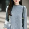 Suéter casual de lã cinza para mulheres com gola semi-alta, fio floral, caimento solto, top de tricô, novo estilo outono/inverno