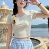 Qualidade Pure Cotton Shoulder Short-sleeved T-shirt Short Base Shirt Tight Simple All-match Navel-exposed T-shirt Top