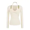 Camiseta Única com Gola Halter Falsa de Duas Peças Manga Longa para Mulheres 2026 Novo Estilo Twist Slim Fit