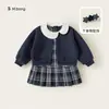 Roupa Infantil Feminina Bangxuan Outono Novo Vestido Xadrez Cardigã Liso Conjunto de Duas Peças com Presilha Conjunto Infantil