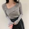 Camiseta de punto para mujer con cuello lateral coreano, parte inferior, diseño de moda, corte ajustado, suave, estilo perezoso, suéter casual pura lujuria