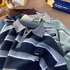 Suéter de gola polo listrado retrô estilo japonês masculino outono e inverno estilo preguiçoso nicho jovem top de tricô para casal