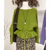 Elegante Suéter de Punto con Mangas Murciélago Volantes para Mujer, Estilo Coreano, Nuevo Diseño de Invierno, Ceñido a la Cintura, Efecto Adelgazante, Suéter de Cuello Redondo