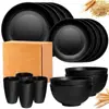 Juego de vajilla de paja de trigo negra de alta venta transfronteriza en Amazon, 16 piezas de platos y platos de plástico para etiquetado