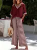 En Stock 2026 Sitio Independiente Transfronterizo Moda Europea y Americana para Mujer Casual Rayas Cómodo Holgado Cuello en V Conjunto de Dos Piezas