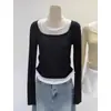 Blusa Feminina Manga Longa Color-Blocking Falsa de Duas Peças para a Primavera de 2026, Blusa Base Ajustada ao Corpo com Cintura Franzida, Top Camiseta Estilo Puro Desejo