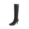 Botas elásticas de PU para mulheres, botas longas de cano alto justas, novo estilo outono e inverno, bico quadrado, zíper lateral, botas longas femininas de salto alto agulha