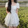 Princesa en Fuga Suciedad Mujeres Suave Estilo Francés Estilo Retro Pequeño Elegante Ceñido al Cuerpo Cuello Cuadrado Floral Vestido