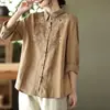 Estilo Étnico Retrô 2026 Primavera Nova Camisa Bordada de Algodão e Linho com Gola Reversível, Blusa Versátil de Manga Longa com Caimento Solto para Mulheres