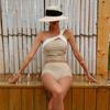 Traje de baño conservador de una pieza para mujer, estilo Ins de Dongdaemun, Corea del Sur, vintage, estilo hombro, estilo Chanel, sin tirantes, cintura alta, que cubre el abdomen, con abertura