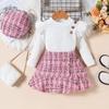 Ropa de Niña Otoño e Invierno Top de Manga Larga Falda de Tweed Tejido Estilo Chanel Pequeño Set de 3 Piezas con Boina