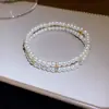 Pulseira de Rede Azul Dourada com Flor de Vidro Pérola Zircônia Brilhante Pulseira Elegante de Luxo Leve Joia de Mão Versátil da Moda