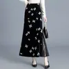 Saia de veludo preto com fenda para mulheres, novo modelo outono/inverno 2026, cintura alta, modeladora, comprimento médio, saia justa com patchwork de renda
