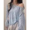 Blusa de Punto Calado Estilo Coreano con Protección Solar para Mujer Pure Desire Pulóver de Una Línea Hombros Descubiertos Suéter de Manga Larga Top Delgado