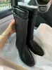 Versión de Piel de Vaca~Botas de Caballero Estilo Coreano para Mujer Punta Redonda Tacón Grueso Caña Ancha Botas Vaqueras Occidentales Hebilla de Cinturón Caña Media-Alta Botas Largas