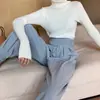 Suéter de Tricô Fashion Versátil Emagrecedor Estilo Coreano Temperamento Manga Longa Sem Dedos Listras Verticais Gola Alta