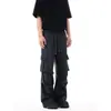 Design estilo americano, inspirado em chinês, original, perna reta, multi-bolsos, cordão ajustável, casual, calça comprida de corte solto, unissex, preto moderno